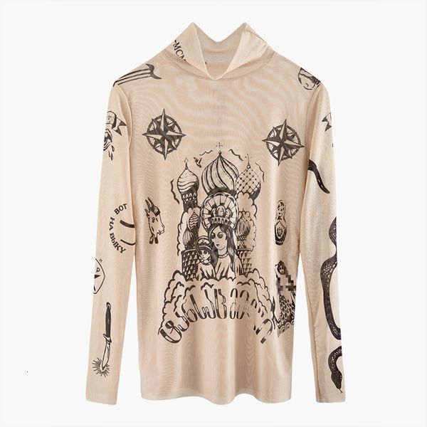 

autumn fashion women basal goddess tatoo print long sleeve high tight collar nude color mesh yarn tshirt b666 y200109, White