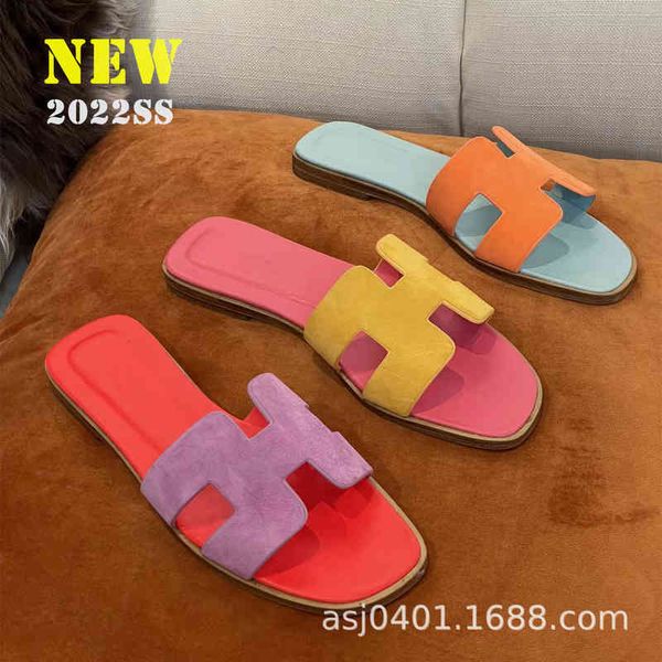 

slippers spring and summer letter h color matching slippers sheepskin cowhide flat bottom candy flip flops wear beach women's sandals b, Black