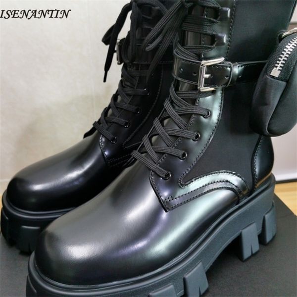 

bright leather women ankle boots pocket decor short lace up knight bootie selling most popular leather bota 201031, Black