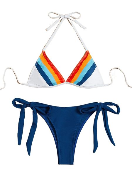 

colorful stripe halter knot side bikini swimsuit b2d9#, White;black