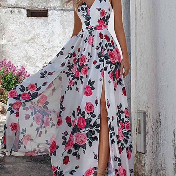

spring retro floral print hem a-line boho dress women's deep v-neck long party summer sleeveless maxi beach es 220504, Black;gray