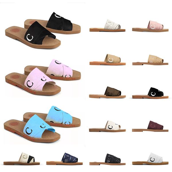 

2022 luxury woman woody mules flat canvas webbing slipper designer lady womens lettering fabric outdoor leather mule platform sole slide san, Black