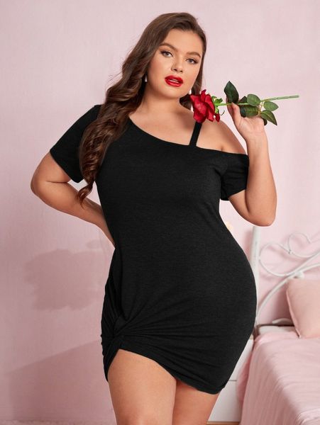 

plus asymmetrical neck twist front sleep dress f43t#, Black;white