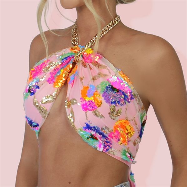 

pink sequin chain crop female strapless white chic flower backless corsets halter women wrap club summer sale 220423