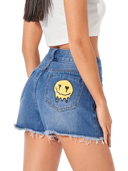 

petite cartoon graphic raw hem denim shorts g3ft#, White;black