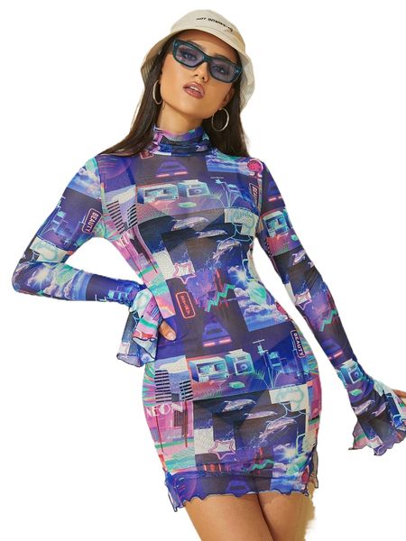 

graphic print mock neck flounce sleeve dress e5yf#, Black;gray