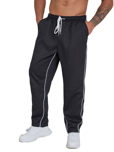 

extended sizes men piping trim drawstring waist tapered pants 11hp#, Black