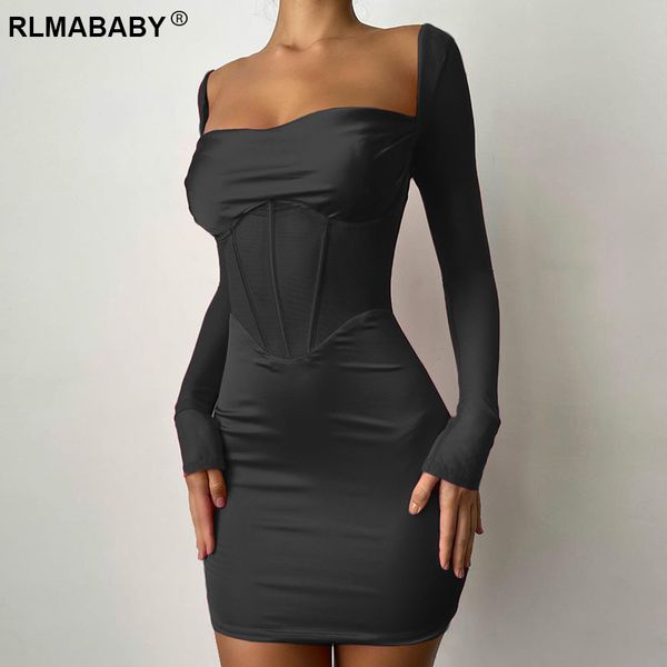 

elegant women party low square collar long sleeve corset mini bodycon dress package hip patchwork black mesh short dress, Black;gray
