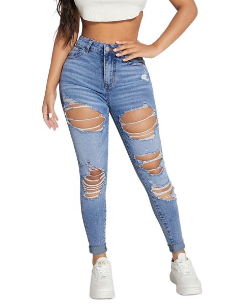 

petite high waist ripped roll up hem skinny jeans x2pl#, Blue