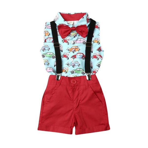 Roupas Conjuntos de moda 1-5y Criança criança menino Gentleman Summer Cartoon Car Carro impressão de impressão de camisa sem mangas Top Suspender Shortsclothing