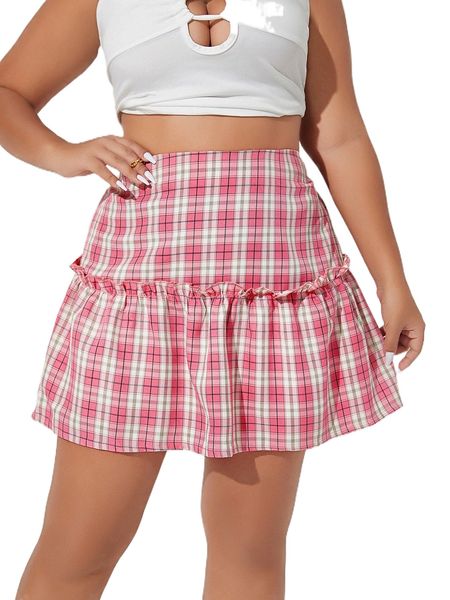 

plus tartan print frill trim skirt q01j#, Black