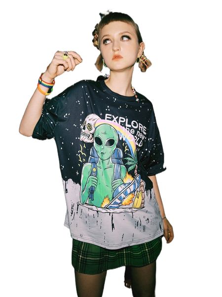 

romwe x doppaintid street life random ink print alien graphic tee i0ck#, White
