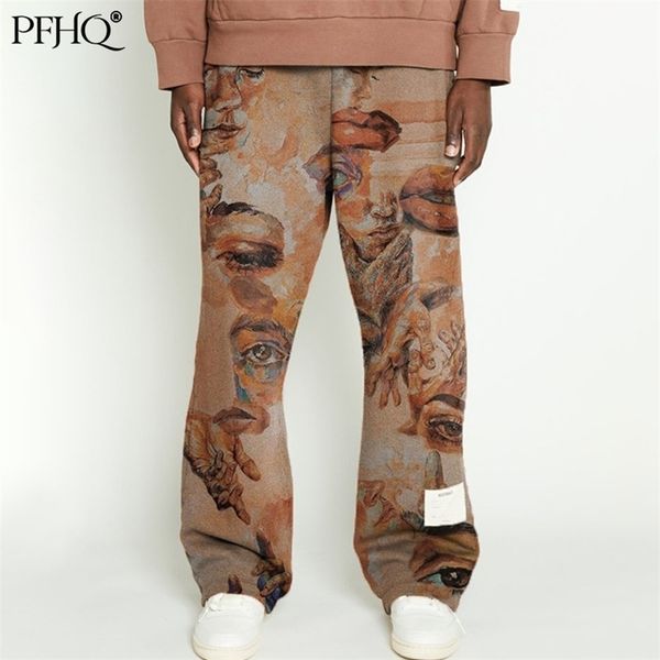 

pfhq men's fashion loose wide leg pants european american style trend printing mid-waist spring man trousers 220325, Black