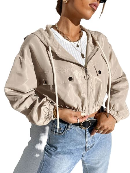 

drop shoulder crop drawstring hooded jacket f2dn#, Black;brown