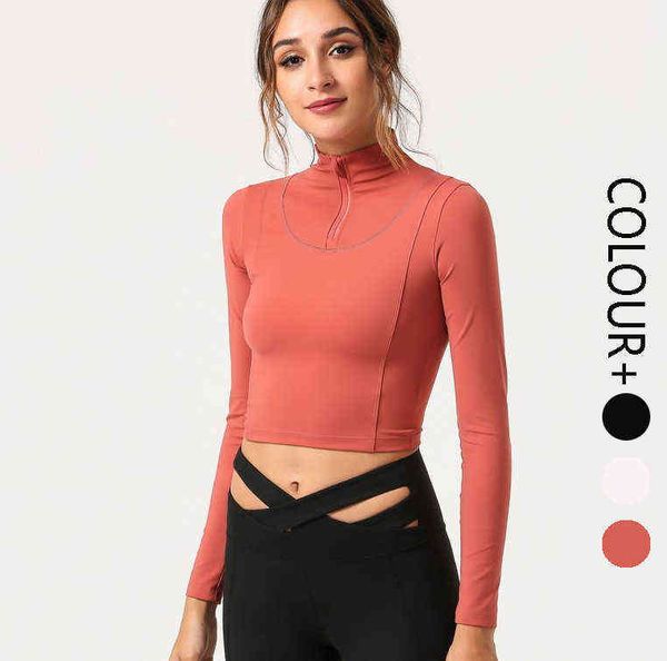 

autumn female yoga long sleeve fitness dance training high neck tight sportswear, Gray