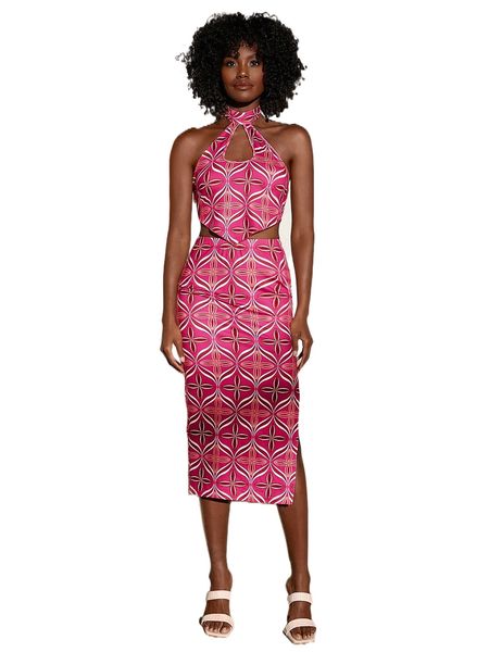 

allover print tie back halter & split hem skirt 998s#, White