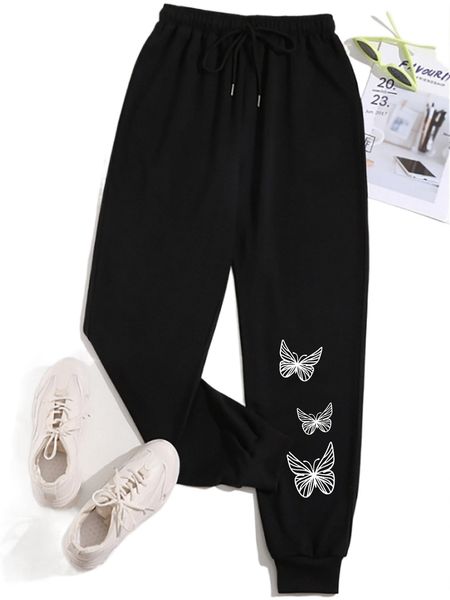 

butterfly print drawstring waist sweatpants n80r#, Black;white