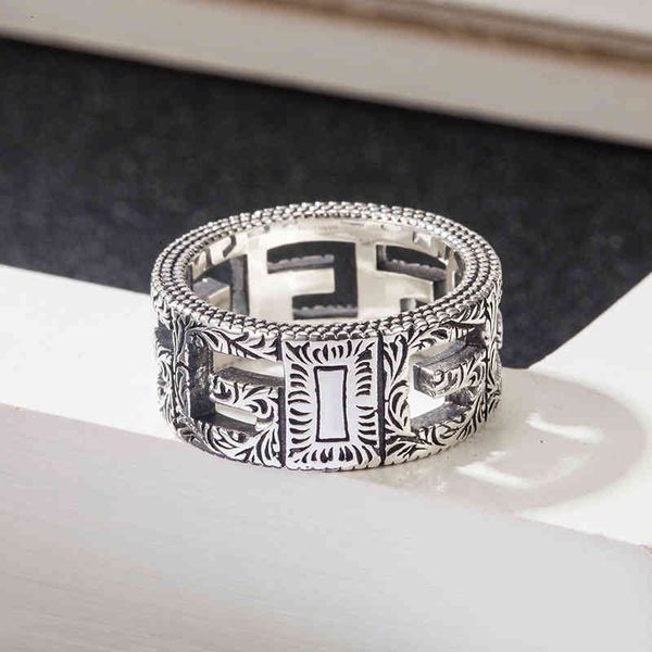 

square double ring hollow out engraved pattern woven wide s925 sterling silver couple ring us design jewelry