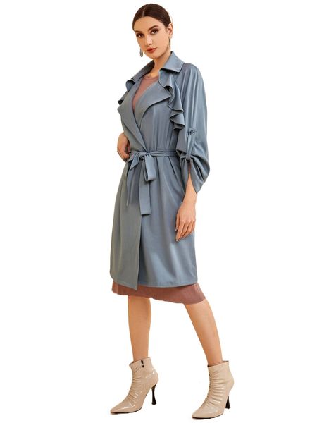 

ruffle detail belted trench coat 92e9#, Tan;black