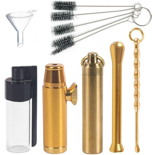 Cool Gold Smoking Multi-funzione Snuff Snorter Sniffer Pocket Kit Cucchiaio di vetro Custodia per bottiglie Bottiglia Dry Herb Tabacco Jar Tip Portasigarette Borsa antiurto DHL Free