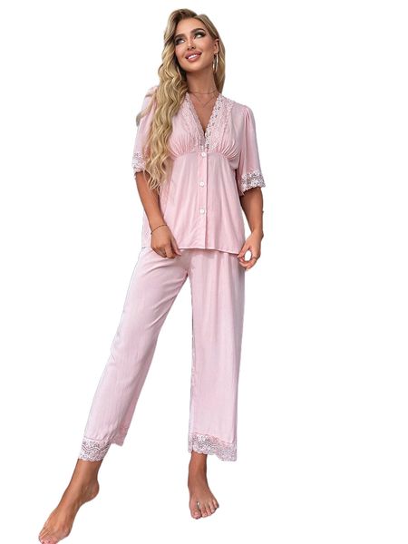 

contrast lace button front & pants pj set v8lu#, Black;red