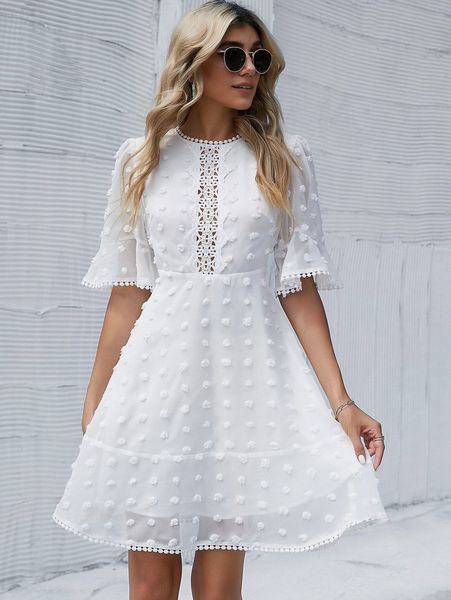 

swiss dot flounce sleeve guipure lace appliques dress y6ax#, Black;gray