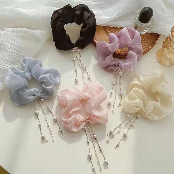 

fashion pearl tassel scrunchies solid rubber bands for women girls korean elastic hair rope ponytail hold hair accessories, Slivery;white
