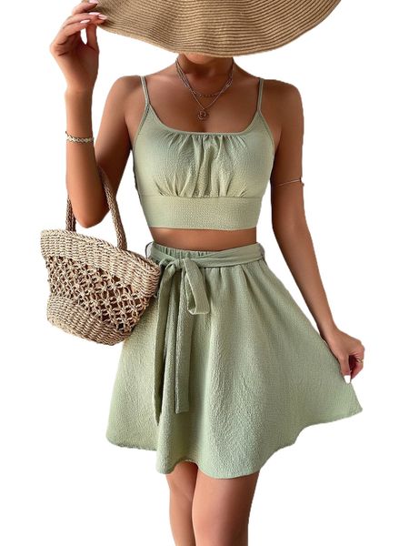

ruched bust shirred back cami & belted skirt k4wy#, White
