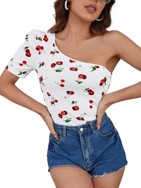 

one shoulder cherry print tee o4z5#, White