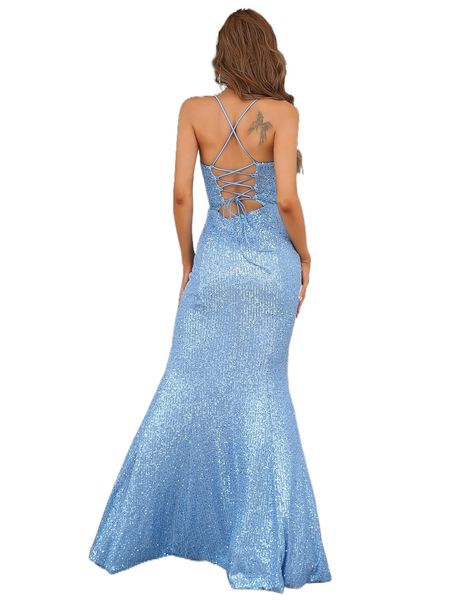 

missord crisscross lace up zipped backless split thigh sequin prom dress x28s#, Black;gray