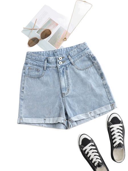 

high waist roll up hem denim shorts b2ra#, White;black