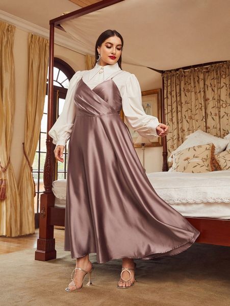 

plus pearls chain shoulder satin cami dress without blouse t1ns#, Black