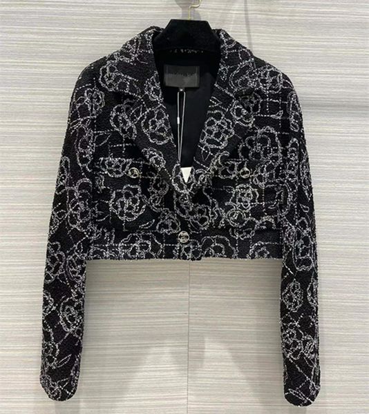 

european and american women's wear spring 2022 new long sleeve single breasted suit collar fashion fine button print tweed coat, Black