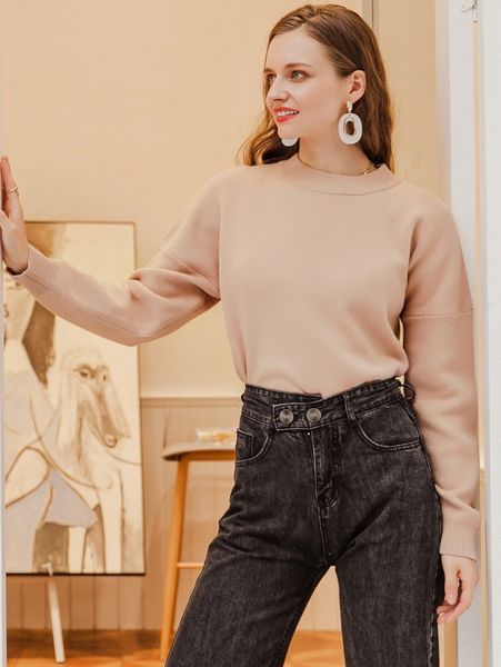 

simplee drop shoulder solid sweater r2go#, White;black