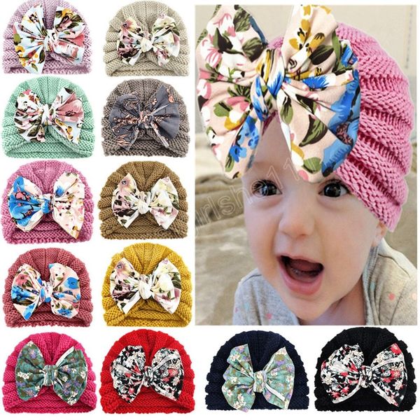 

toddler comfortable warm knitting wool caps cute print bowknot baby girls hats bows headwear infant hair accessories, Yellow