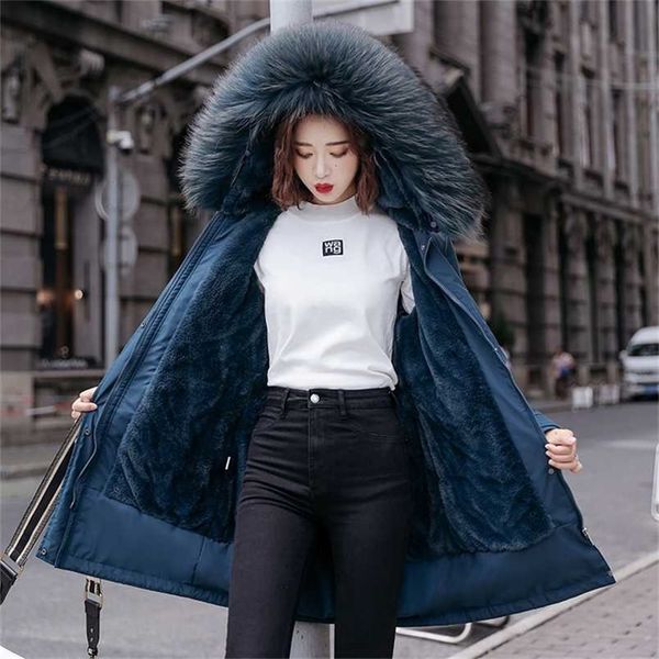 

winter women fleece inside parkas plus size thick warm mid-long hooded parkas jackets fur inside female slim padding parkas 211215, Black
