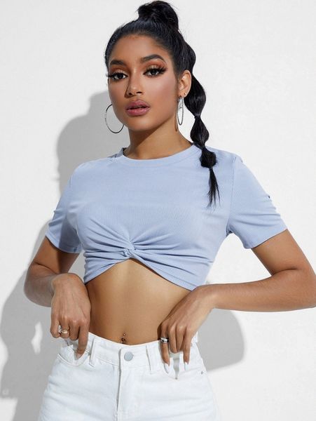 

twist front rib knit crop tee g6lw#, White