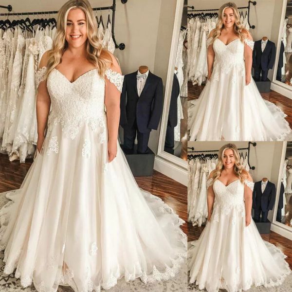 

2022 plus size wedding dresses boho beach bridal gown tulle lace applique sweep train off the shoulder custom made vestidos, White