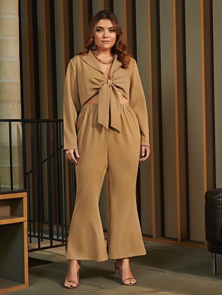 

plus lapel neck tie front & flare leg pants x1yo#, Black