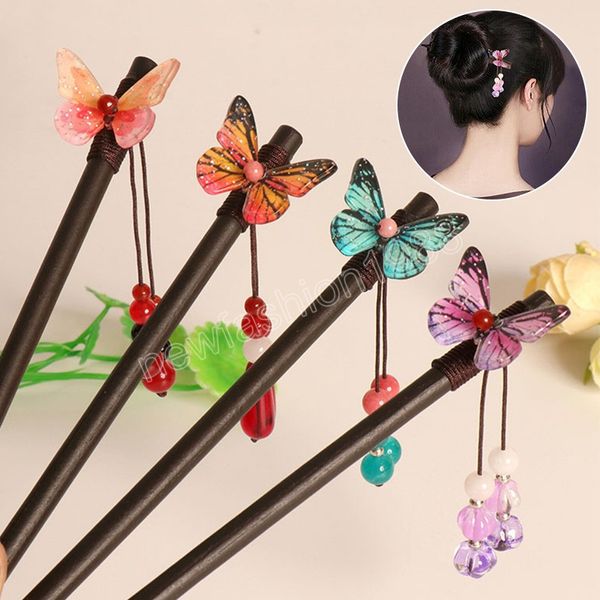 Mulheres de cabelo de madeira étnica chinesa Mulheres vintage hanfu shake shake hairpin flor colorida flor borboleta com miçangas acessórios de cabelo