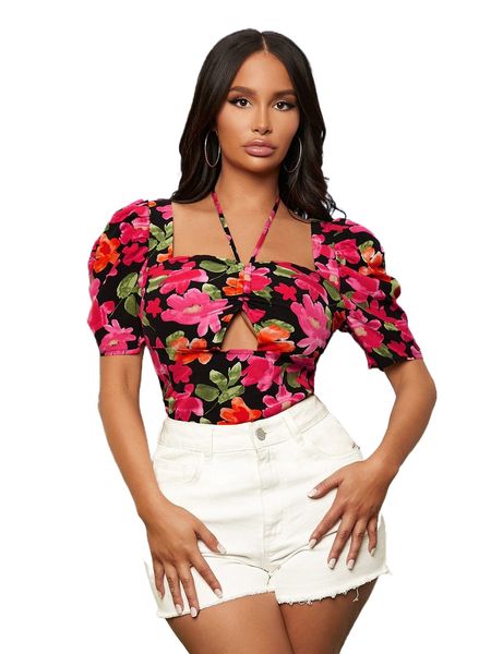

sxy allover floral print cut out puff sleeve tie back blouse g4xq#, White