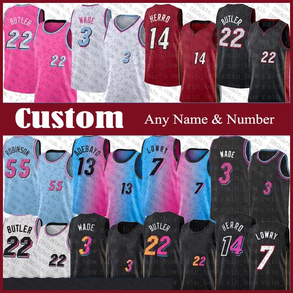 

22 jimmy 14 tyler butler herro custom mens basketball jersey 13 bam 7 kyle adebayo lowry 55 duncan 3 dwyane robinson wade udonis victor dewa, Black;red