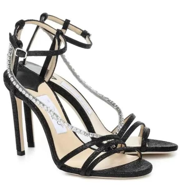 

summer thaia sandal crystal chain strap suede leather women sandalias mujer lady high heels dress party wedding walking shoes luxury designe, Black
