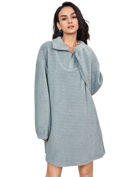 

quarter zipper drop shoulder teddy dress w7gl#, Black;gray