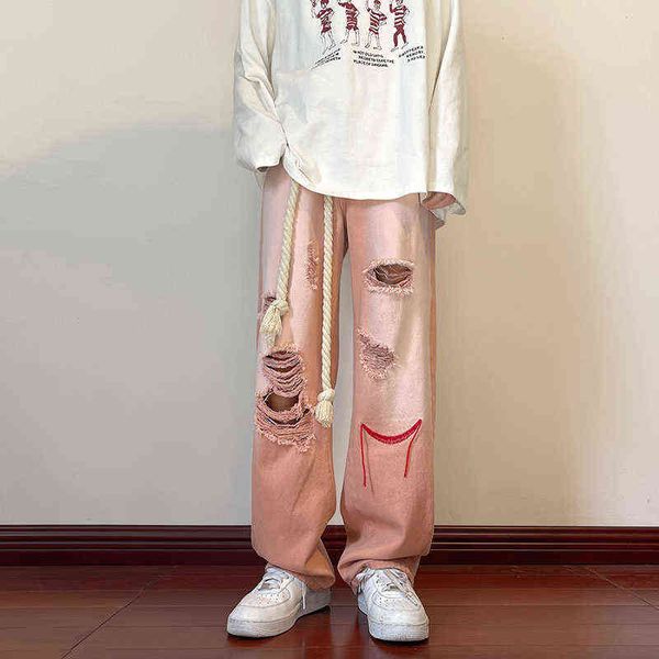 

belt ripped baggy jeans men's fashion oversized casual straight jeans mens streetwear hip hop hole loose denim trousers men t220726, Blue