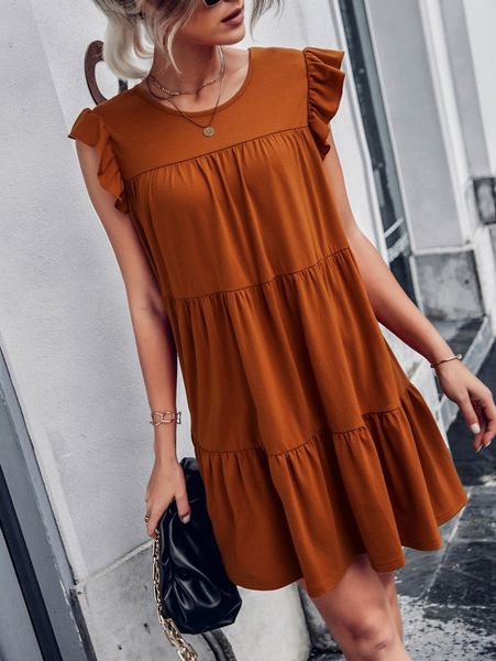 

ruffle trim solid smock dress x6co#, Black;gray