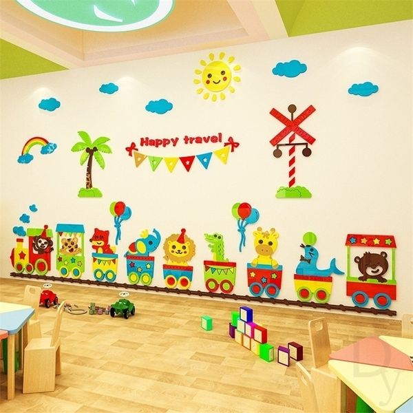 Cartone animato treno adesivi murali animali 3d layout della parete della stanza dei bambini autoadesivo baby room decorazione della scuola materna T200421