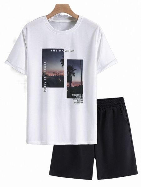 

men coconut tree & slogan graphic tee & drawstring waist shorts q9zy#, Gray