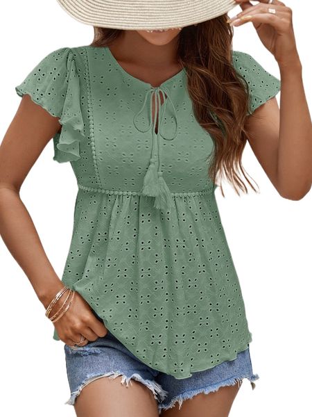 

tie front flutter sleeve eyelet embroidered blouse 36e5#, White