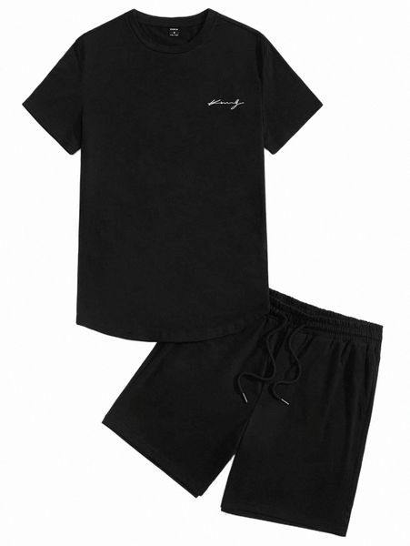 

men letter graphic tee and track shorts set w0mp#, Gray